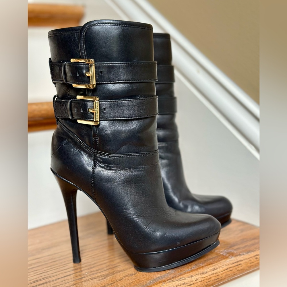 Michael Kors Black Leather High-Stiletto Buckle Ankle Boots